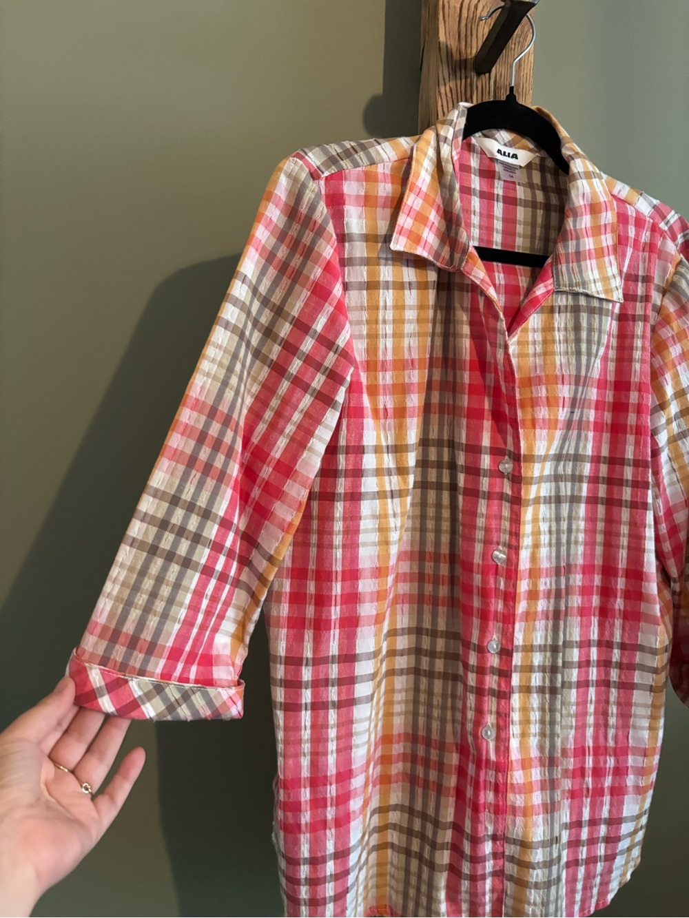 41.) Alia / Plaid Button-Up Shirt - Pink, Yellow & Tan